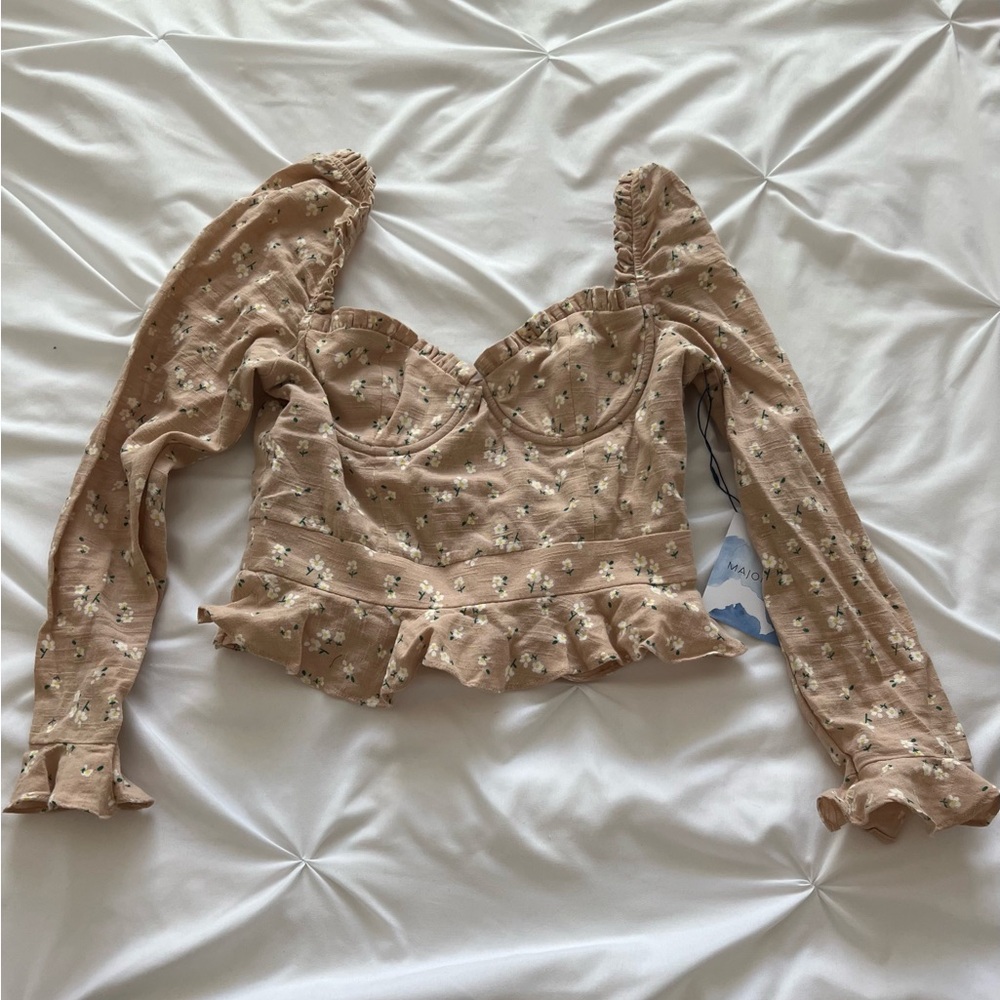 MAJORELLE Tan Long Sleeve Bustier Blouse